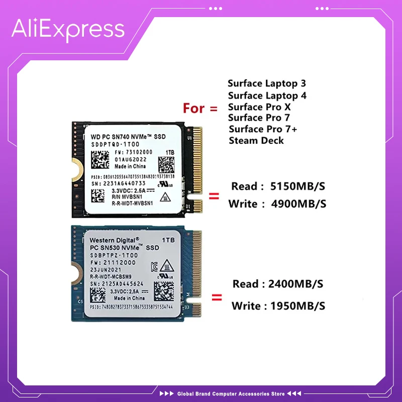 ويسترن ديجيتال-WD SN740 SN530 M.2 2230 SSD ، 1 تيرا بايت ، 2 تيرا بايت ، 512GB ، NVMe PCIe ، Gen4 x 4 ، مايكروسوفت السطح برو X ، كمبيوتر محمول 3