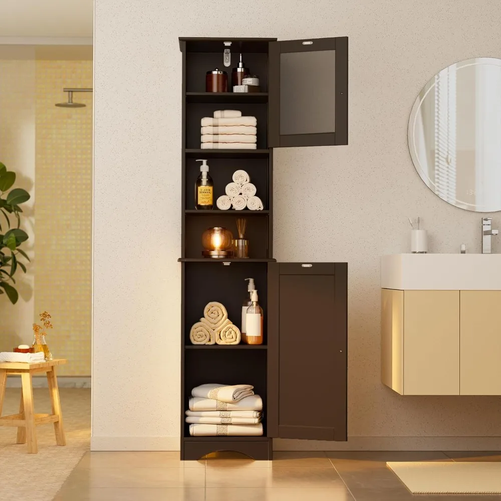 

Tall Bathroom Storage Tower, Freestanding Linen Cabinet with Two-Way Doors, Adjustable Shelves, Anti-Tip Floor Cabinet