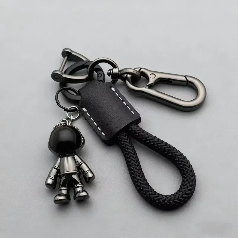 Personalized Logo Mini Metal Astronaut Leather Keychain Custom Name Number Bag Car Key Chain Ring Braid Rope Keyring Pendant