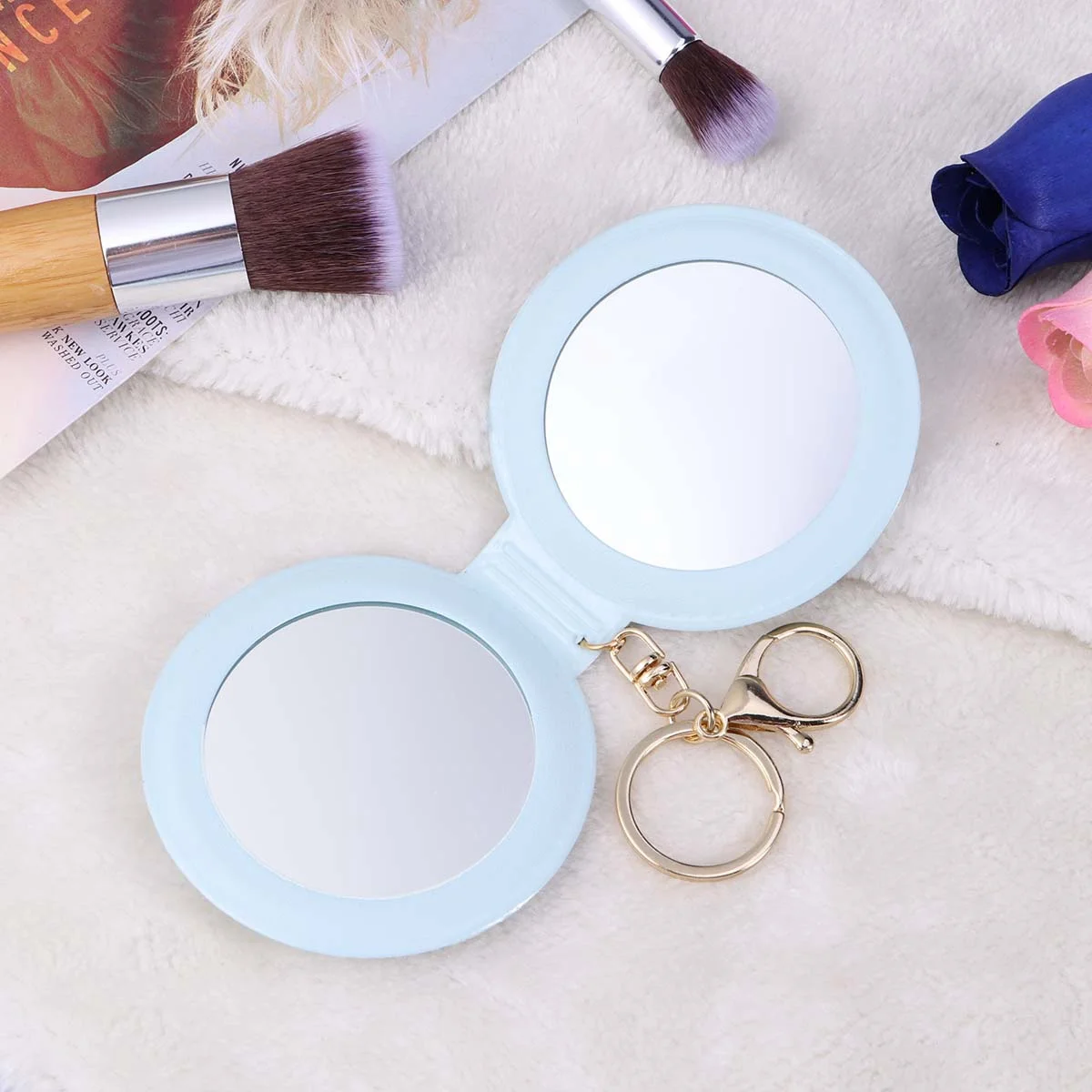Mini Pocket Makeup Mirror Double Side Foldable PU Frame Light Blue Portable Small Mirror for Purse on-The-Go Touch-Ups