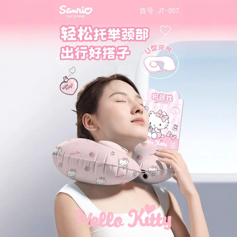 헬로키티 인플레이터블 U자형 베개 프린트 애니메이션 여성 액세서리 휴대용 여행용 인플레이터블 인형 소녀 선물 도매
