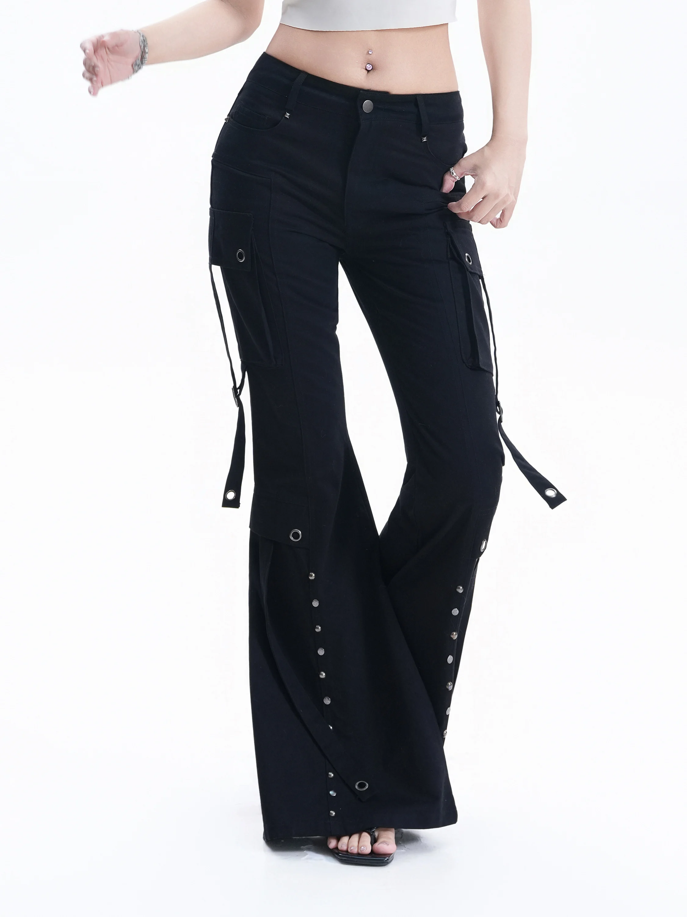 Hot Girl Workwear Flared Pants Women Summer American High Street Rivet Slit Design Versatile Casual Long Trousers