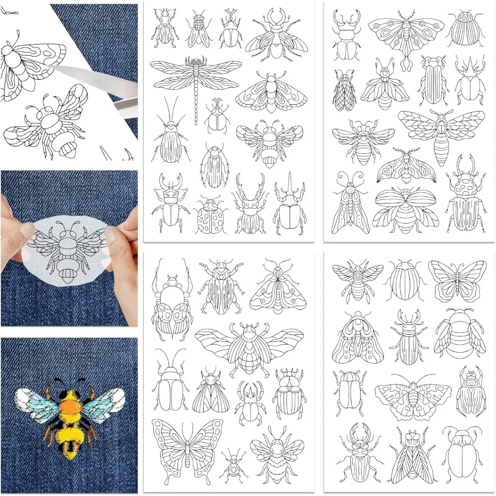 4 Sheets Insect Patterns Stick and Stitch Water Soluble Stabilizer for Embroidery Adhesive Hand Sewing Stabilizers Making Kit