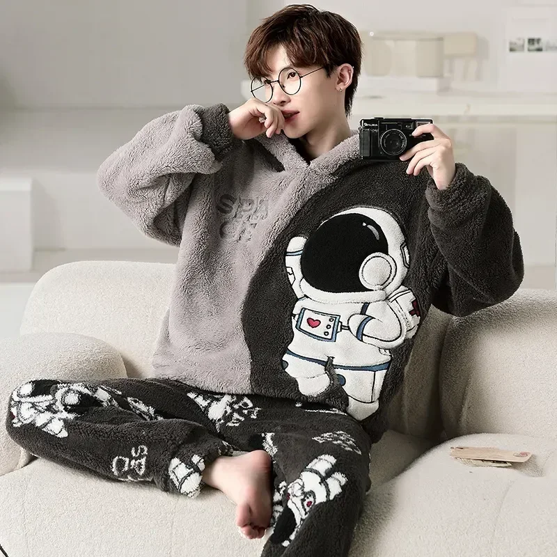 Sets Cool Pajama Loungewear Male Warm Korean Winter Sleepwear Pyjama Soft Men Thicken Astronaut Hooded Adult Pijama