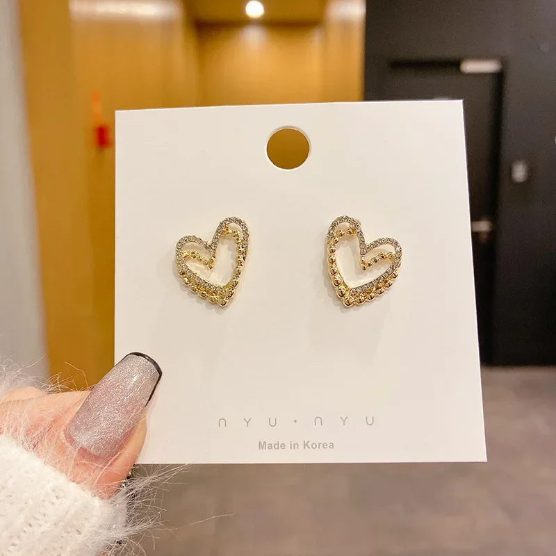 Korean Exquisite Double Layers Gold Color Heart Shape Stud Earrings For Women Party Accessories Dangle Custom Jewelry