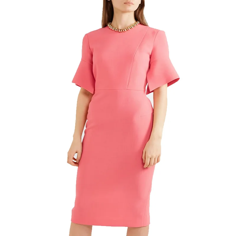 

Pink Solid Women O-Neck Dress Elegant Short Sleeve OL Office Ladies Work Dress