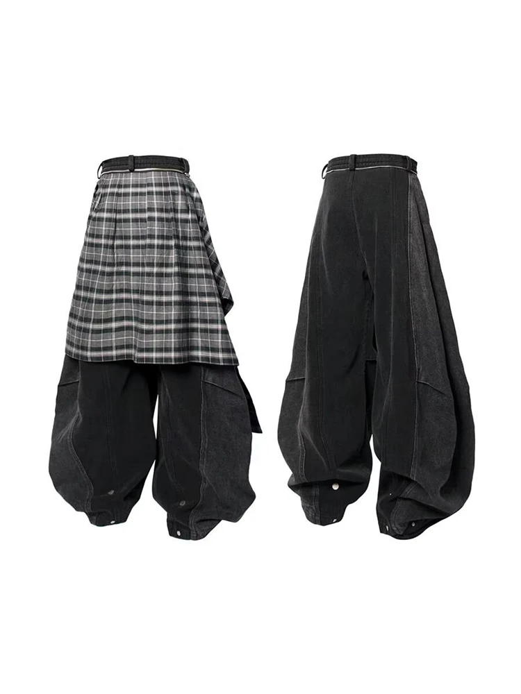 Women's Fake Two-piece Overlapping Design Jeans Wide Leg Sweatpants Vintage Casual Pants 90s Female High Waisted Trousers