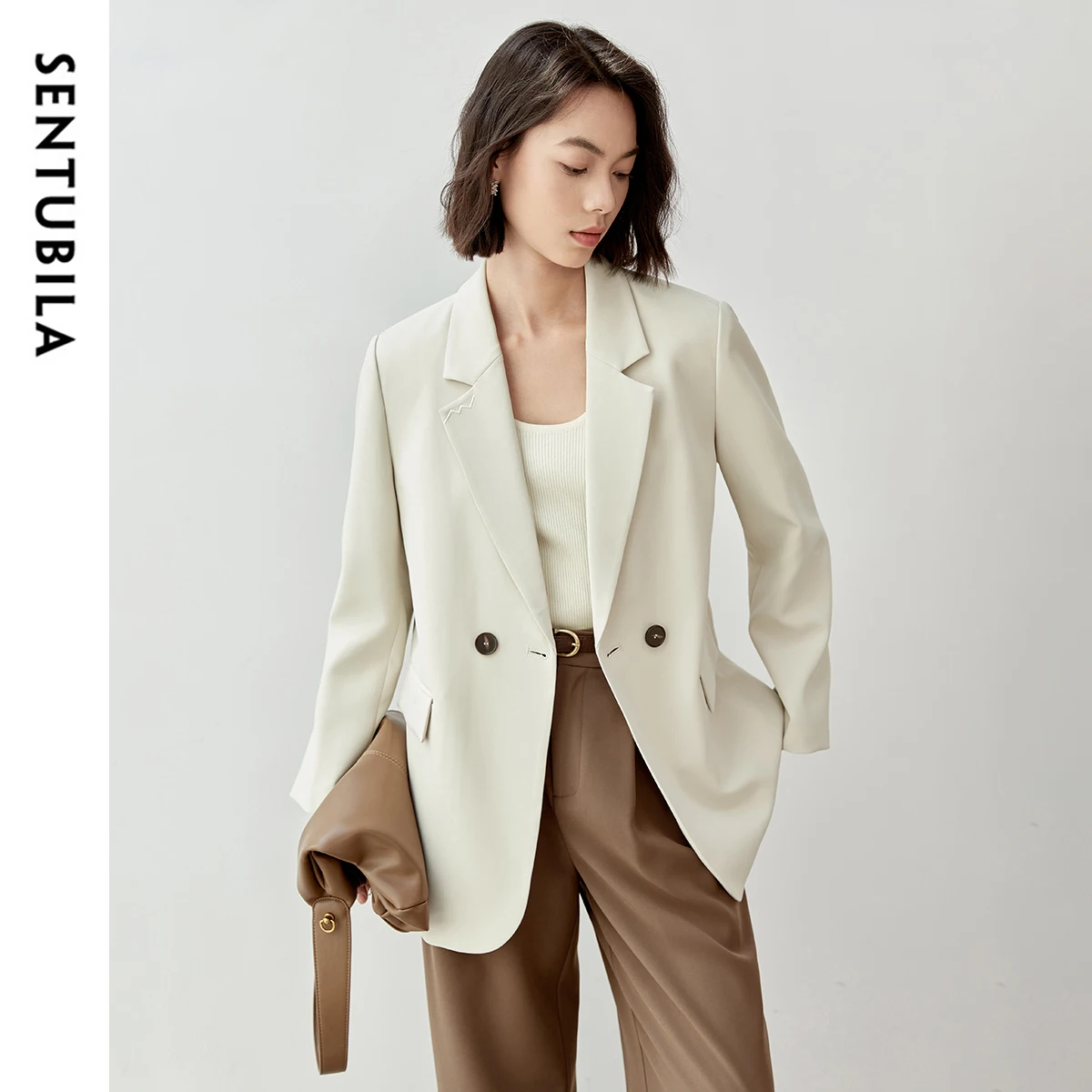 SENTUBILA Texture Loose Fit Tailored Coat for Women 2024 Autumn Embroidery Twill Office Lady Work Business Women Coat 143X57364X