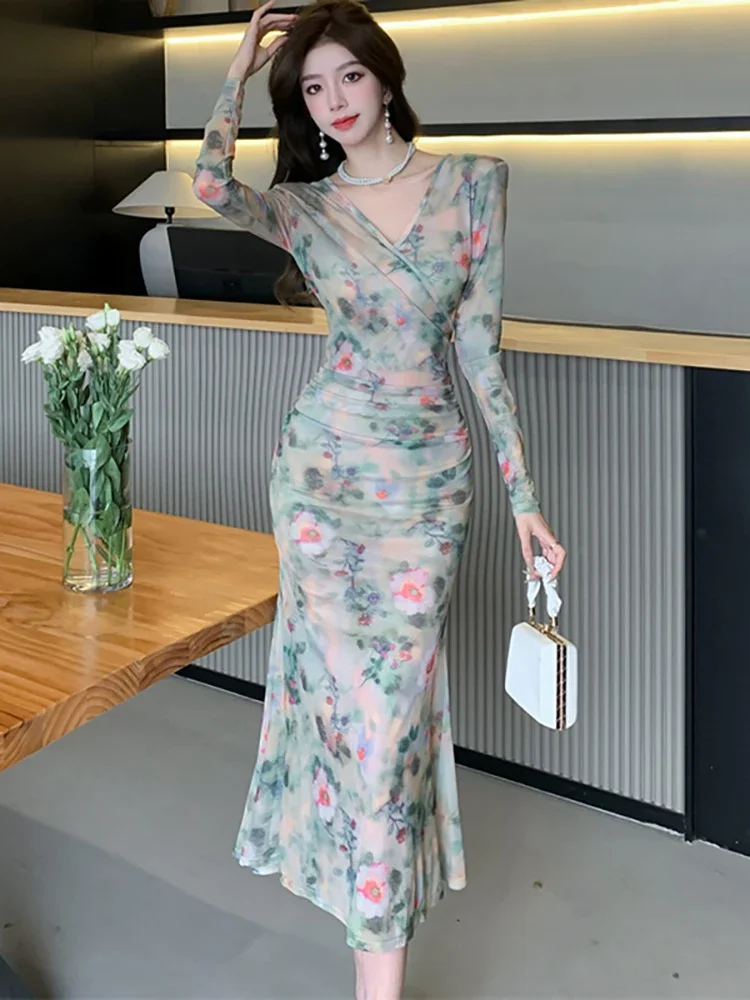 

2025 Korean Vintage Evening Dress Women Floral V-Neck Luxury Dress with Long Sleeve Spring Autumn Elegant Bodycon Party Vestidos
