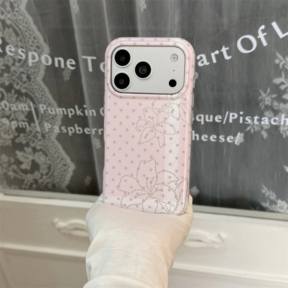 Light Pink Polka Dot Rhinestone Floral Phone Case For iPhone 15 16 17 Pro Max Glitter Line Flower Print Glossy Shockproof Cover
