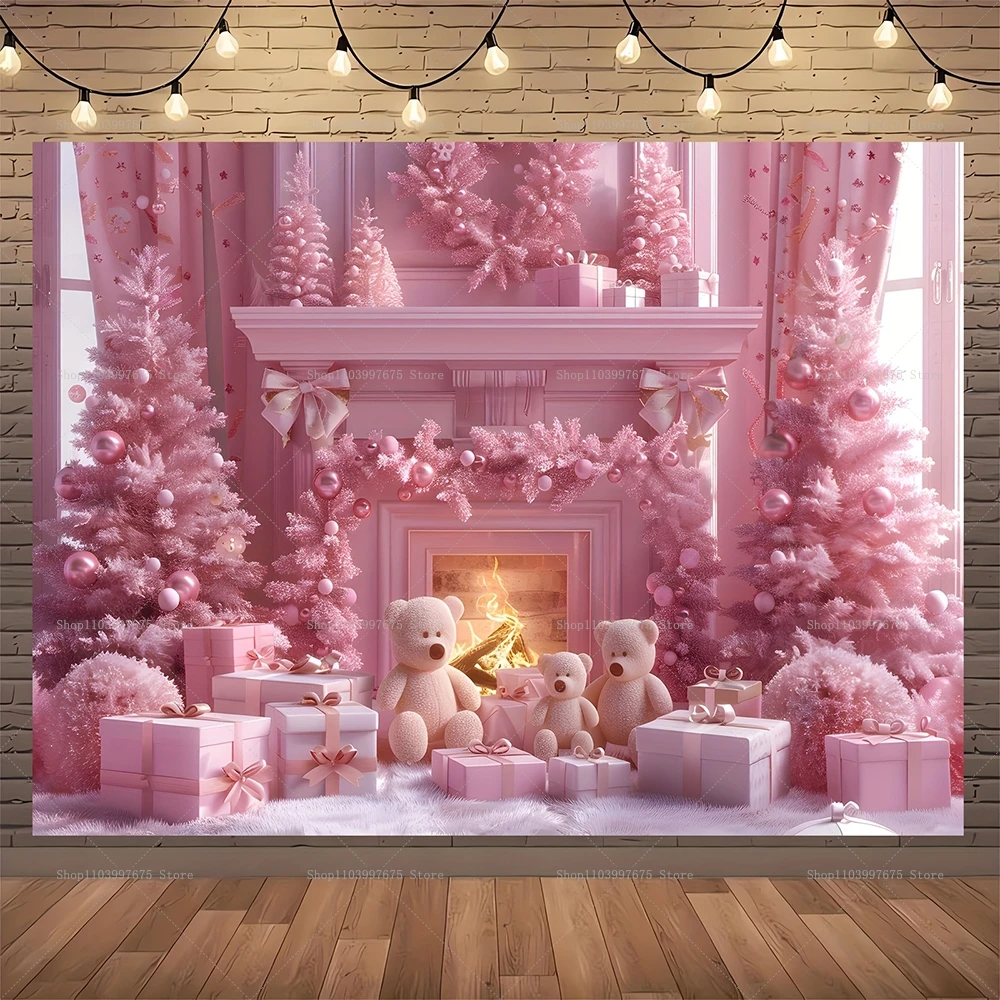 Pink Christmas Backdrop Xmas Tree Fireplace Gifts Box Photography Background Family Party Baby Shower Banner Decor Photo Studio