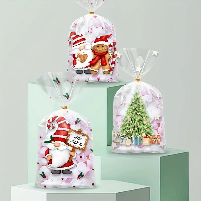 50 Stück Weihnachtsgeschenktüten, blaugrüne Feiertagstüten mit Lebkuchenhäusern, Bäumen, Geschenken – langlebige Kunststoffverpackung für Partys – Detail 1