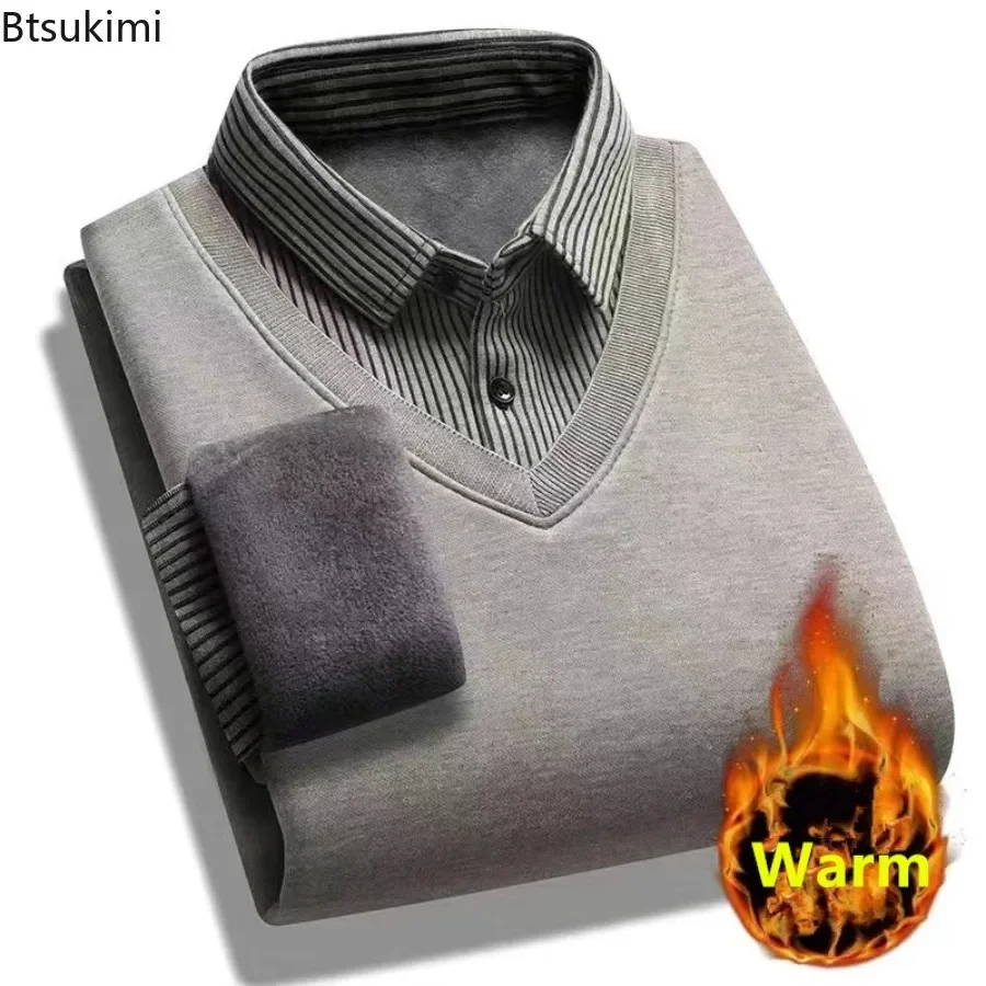 Autumn Winter Fake Two Piece Sweaters Men's Shirt Neck Fleece Thicken Knitted Pullover Business Casual Warm Sweater Tops for Men