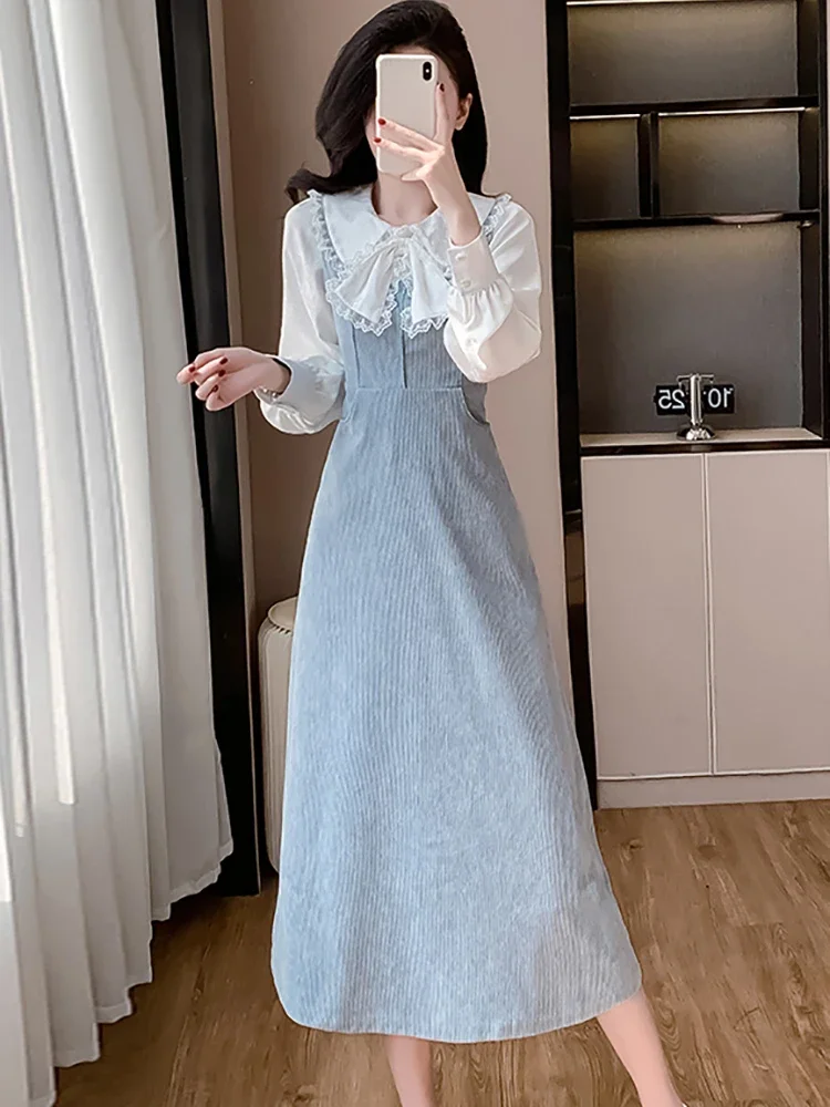 Automne hiver blanc Chic nœud dentelle poupée col t-shirts + bleu velours côtelé sangle robe deux pièces ensembles 2025 femmes coréen robe costumes