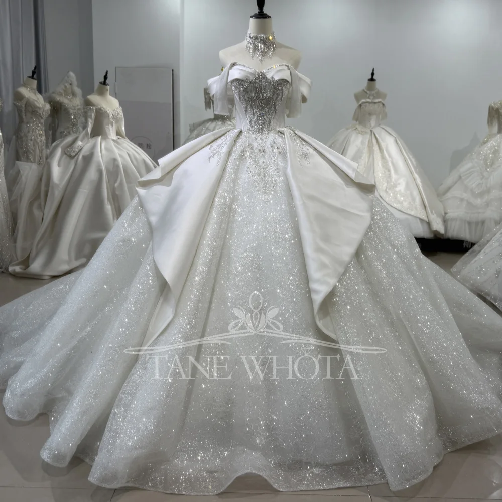 

2025 Sweetheart Off-Shoulder Lace-Up Back Ball Gown Wedding Dress Crystal Sequined Bridal Dress With Customizable Embroidery