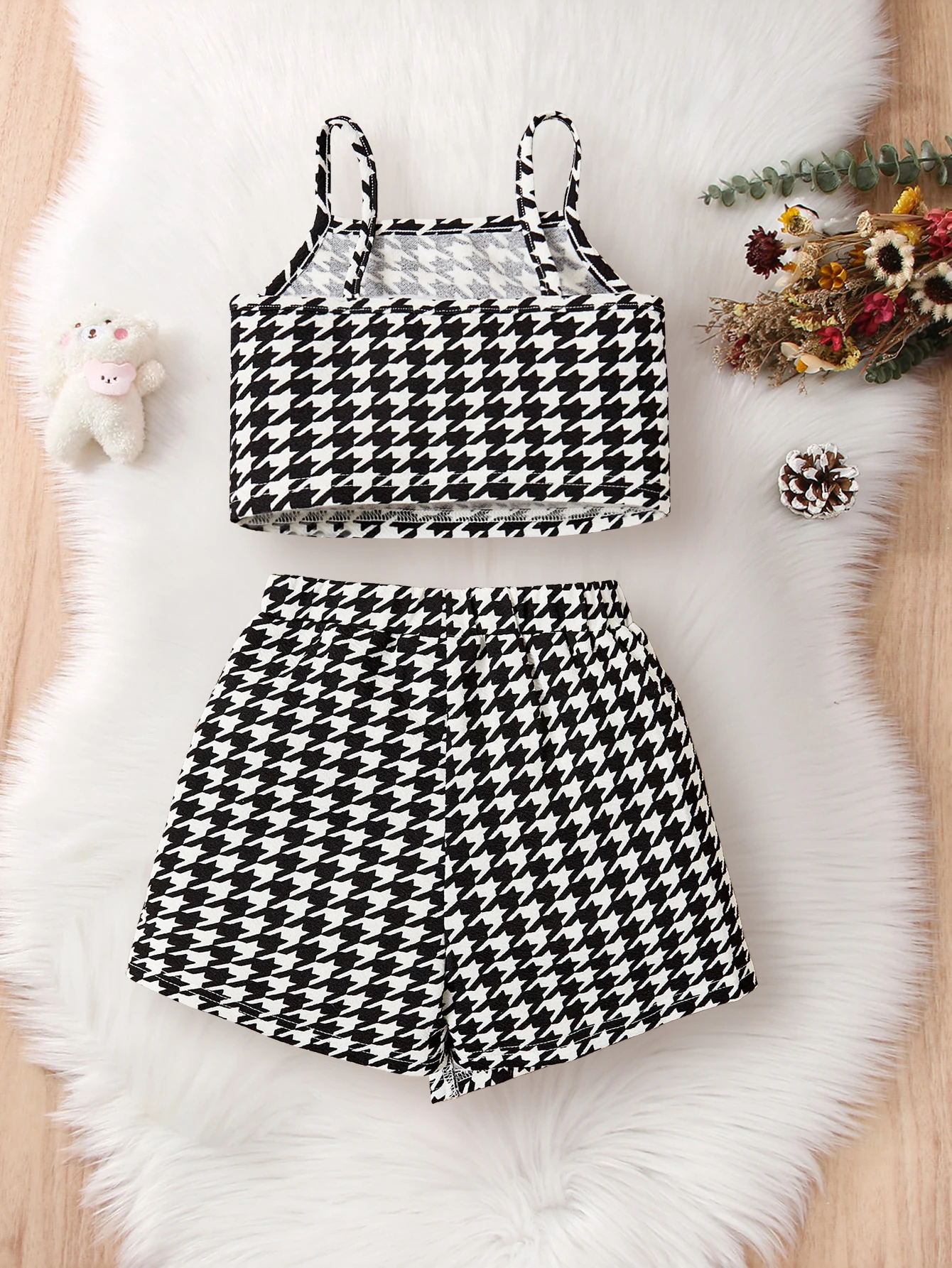 Zestaw spódnic dla dziewczynek Letni nowy styl Houndstooth Krótki top na ramiączkach i swobodna spódnica dla dzieci i dziewczynek 2-częściowy zestaw