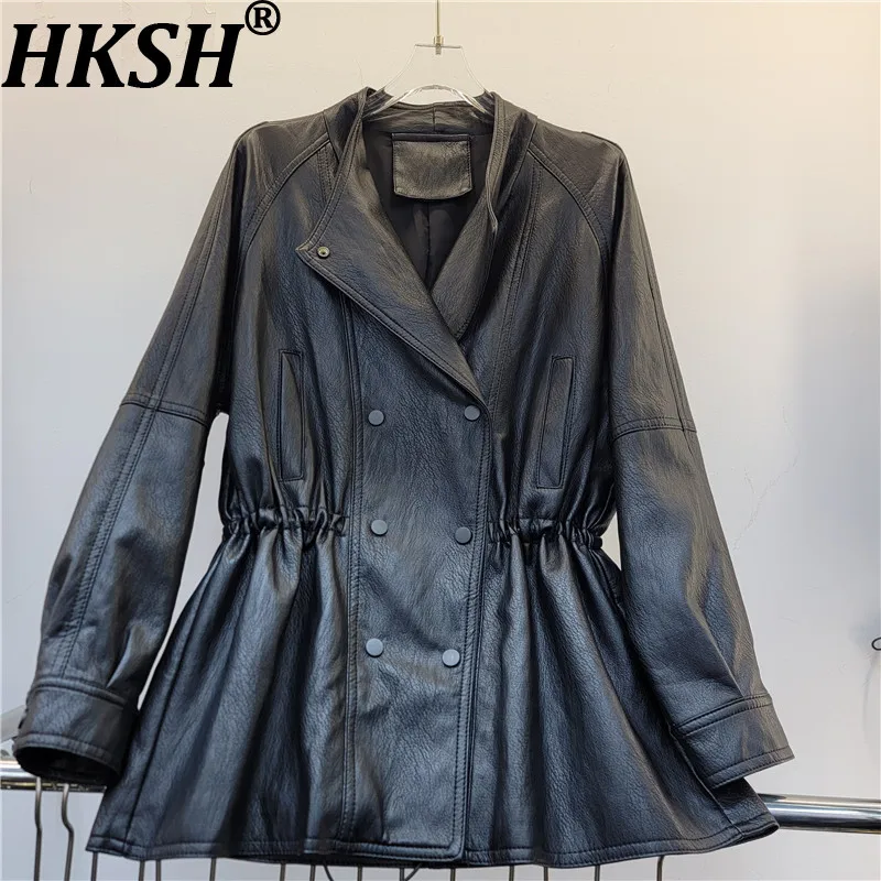 HKSH Women's PU Leather Jacket Vintage Korean Style Dark Double Breasted Elastic Waist-Cinching Long Coats Autumn Winter HK26756