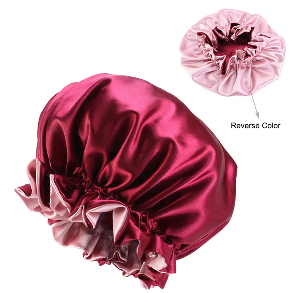

3 pcs Satin Sleep Cap Wide Brim Hair Protector For Women Sleeping Travel Use Elastic Fit Double Side Color Chemotherapy Shower