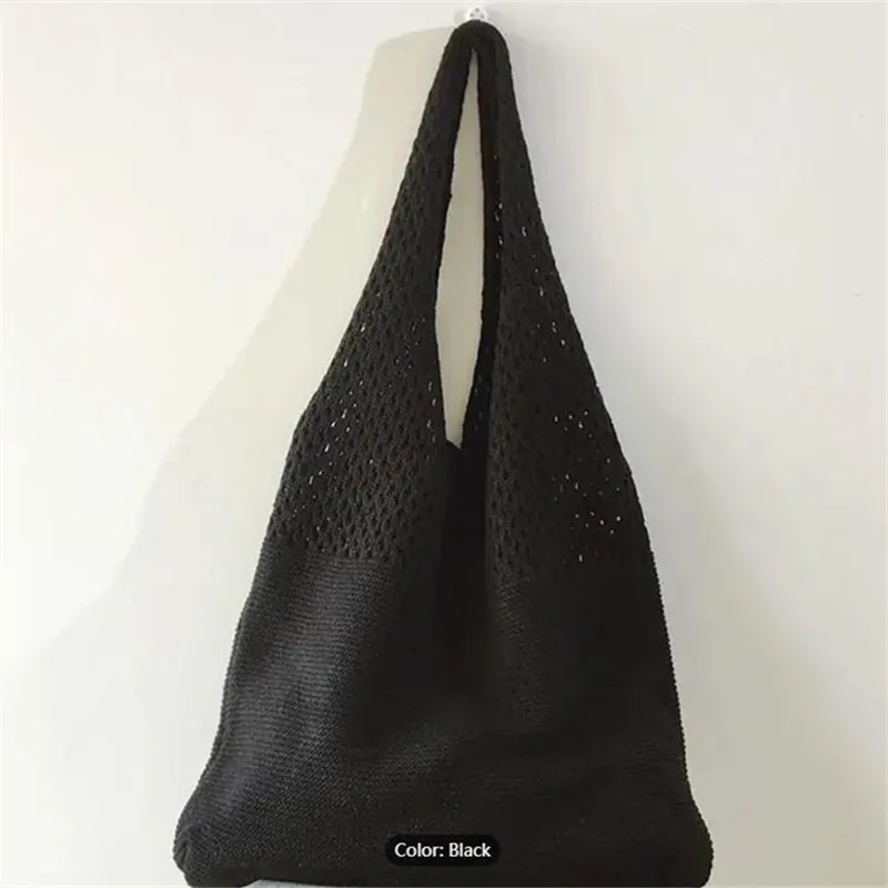 Ästhetische, ausgehöhlte Häkel tasche, Umhängetasche mit großer Kapazität, einfache gestrickte Einkaufstasche für Frauen – Detail 9