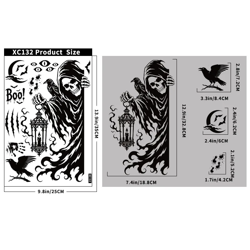 2 Sheets 9.84*13.78inch Large Halloween Static Window Stickers, Black Horror Reaper& Bat Decals for Mall Window Decor view 5