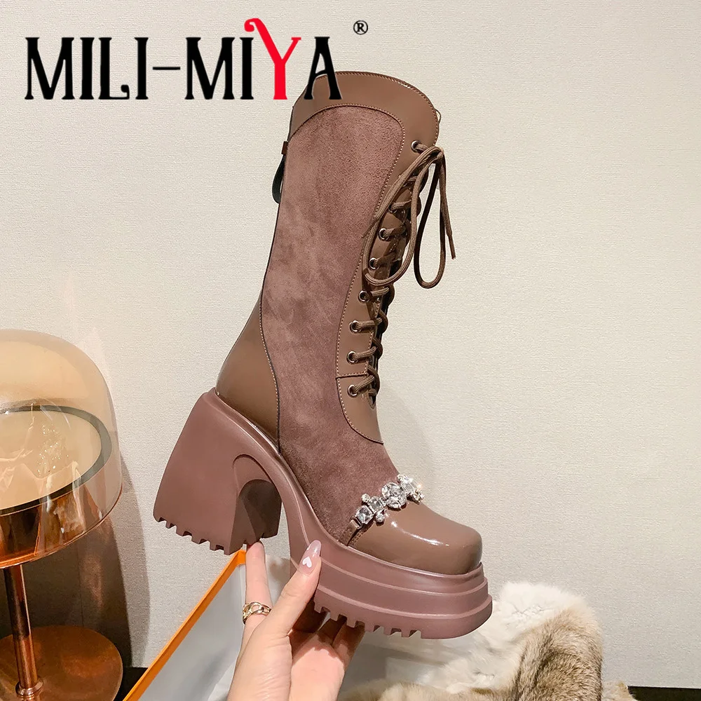 MILI-MIYA Fashion Crystal Decoration Women Cow Suede Mid Calf Round Toe Solid Color Thick Heels Middle Zippers Handmade For Lady