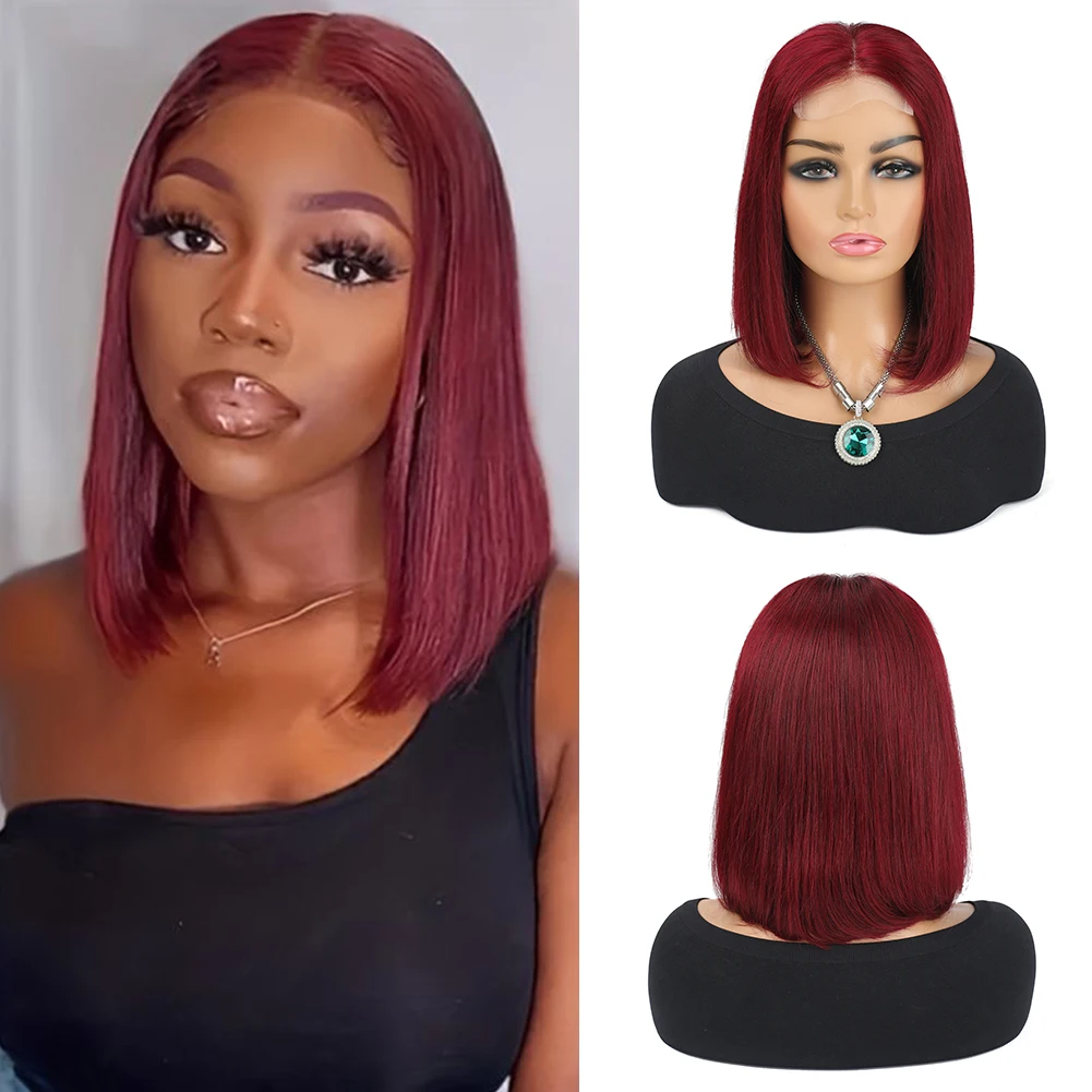 

Парик Боб Прямой 4x4 Бордовый Парик Человеческих Волос 150% Плотность Кружева Фронта Шнурка Человеческих Волос Предварительно Сорванные Парики Боб для Женщин