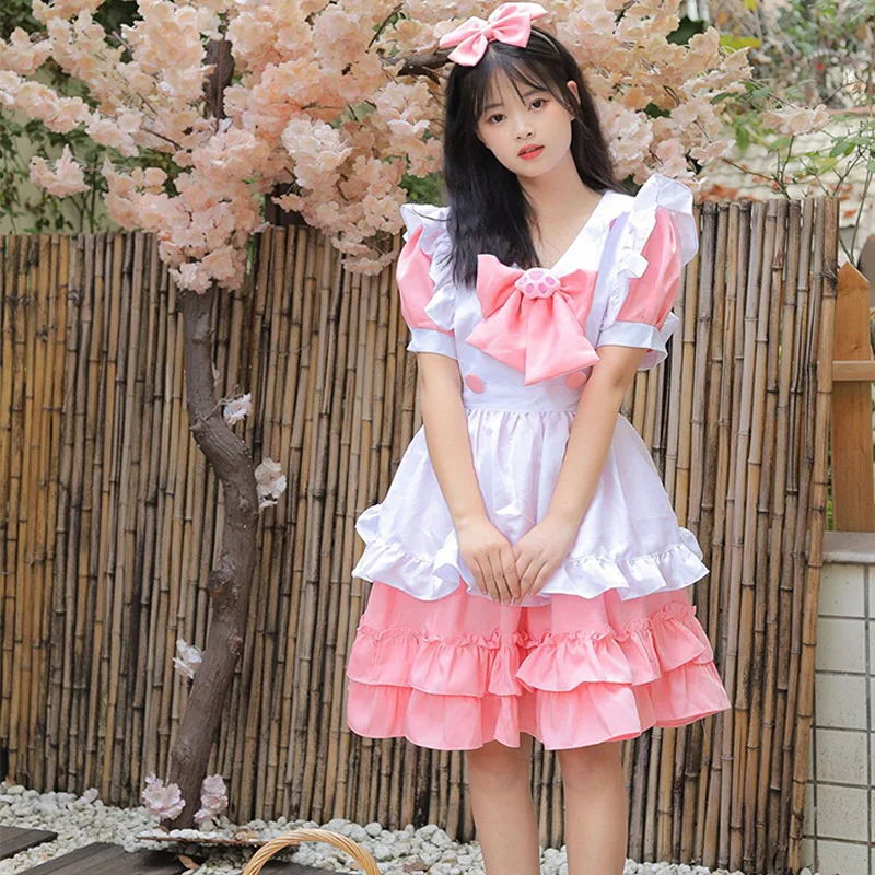 

New Cosplay Lolita Maid Dress Super Cute Cute Pink Bow Maid Short Skirt Set