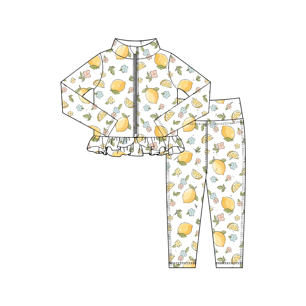 

Хит продаж: детский комплект для девочек с длинными рукавами и штанинами, с рюшами, молнией и фруктовым принтом, оптом на заказ