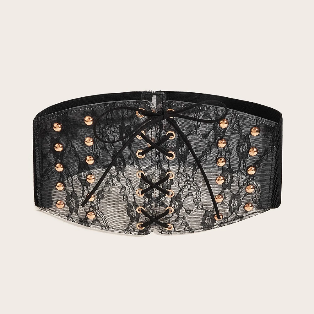 Cintura larga, pizzo, estremità legata con rivetti, elastico in vita, elastico ed elastico, cappotto lungo, gonna lunga, sigillo in vita