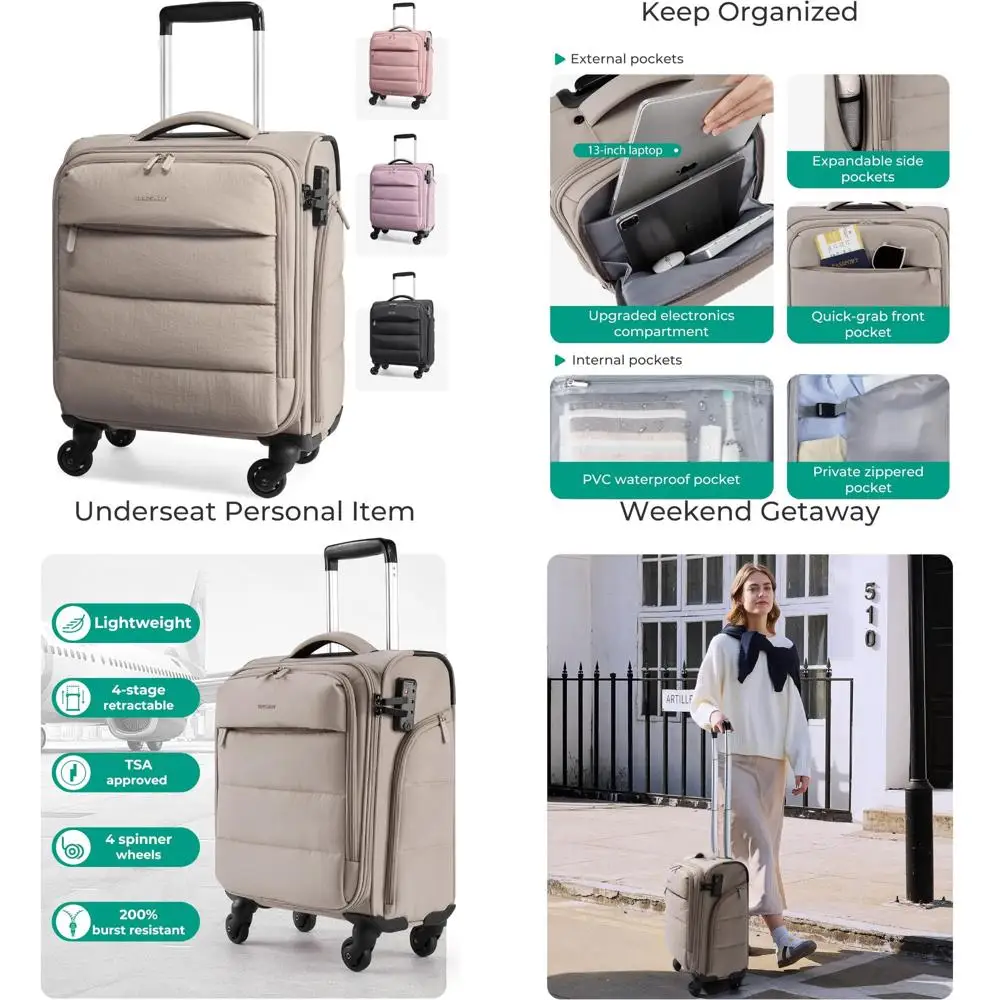 

Lightweight Soft Personal Carry-On Luggage with Wheels, Underseat Storage, PVC Wet/Dry Pockets for Travel