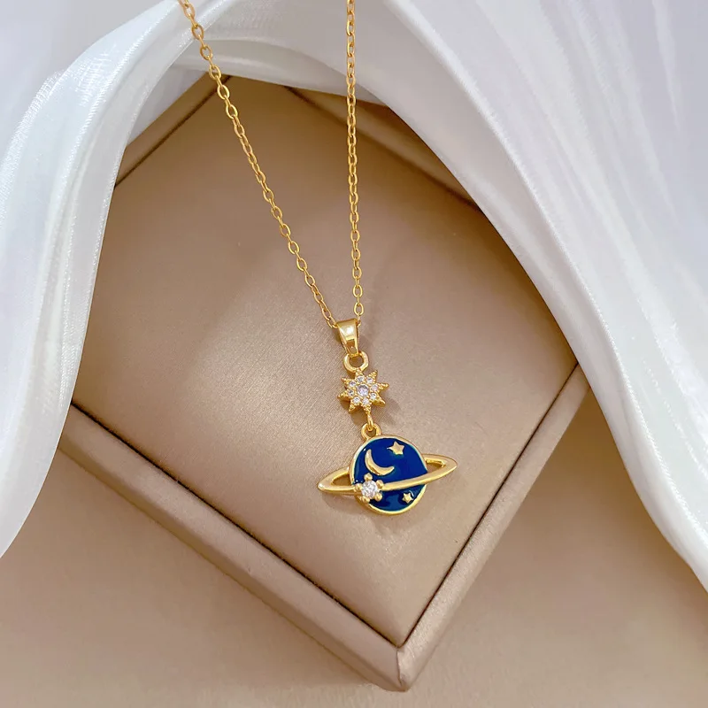 Collier pendentif Saturne pour femme, tour de cou Saturne planète, émail bleu, micro-incrusté, personnalité de la mode, bijoux, cadeau d'anniversaire