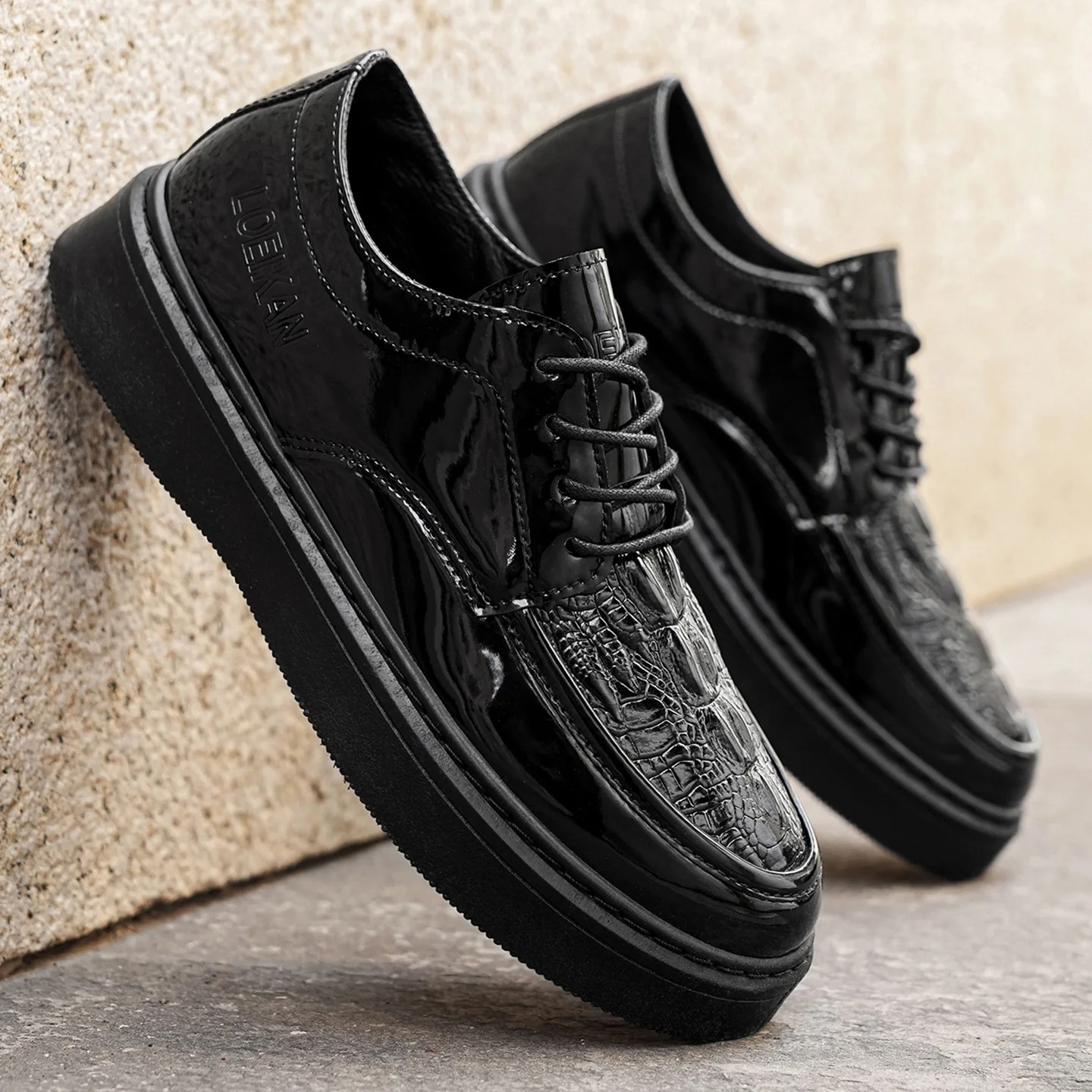 

Spring New Men's Business Casual Shoes, Glossy Thick-Soled Trendy Low-Top Shoes with Thin Straps