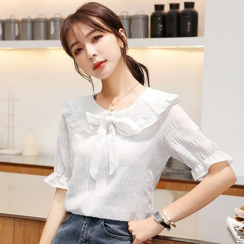 

Women Clothes Summer Fashion Simplicity Sweet Bow Short Sleeve Shirts Women's Solid Color All-match Elegant Temperament Tops