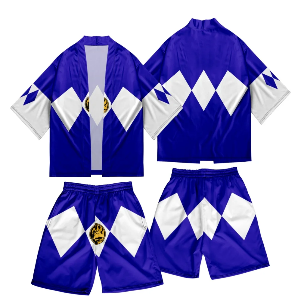 Novelty Two-piece Suit Japanese Cardigan Men Cosplay Mighty Morphin Print Yukata Kimono Shorts Sets Patchwork Asian Traditional