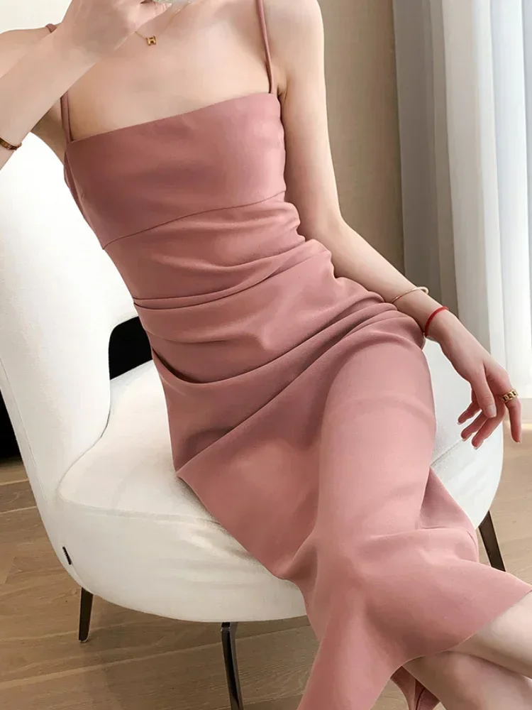 

Summer New Solid Color Sexy Women's Dress Sweet Ladies Slim Dress Woman Pink Black Tight Hip Sleeveless Dresses Female