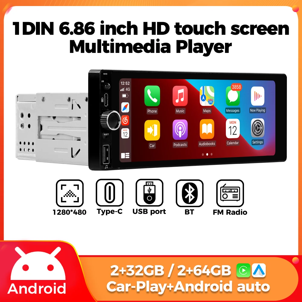 

Автомобильная мультимедийная система 1 DIN с беспроводным CarPlay и Android Auto, 2+32 ГБ / 2+64 ГБ, 6,86-дюймовый HD сенсорный экран, интеллектуальная аудиосистема для автомобиля