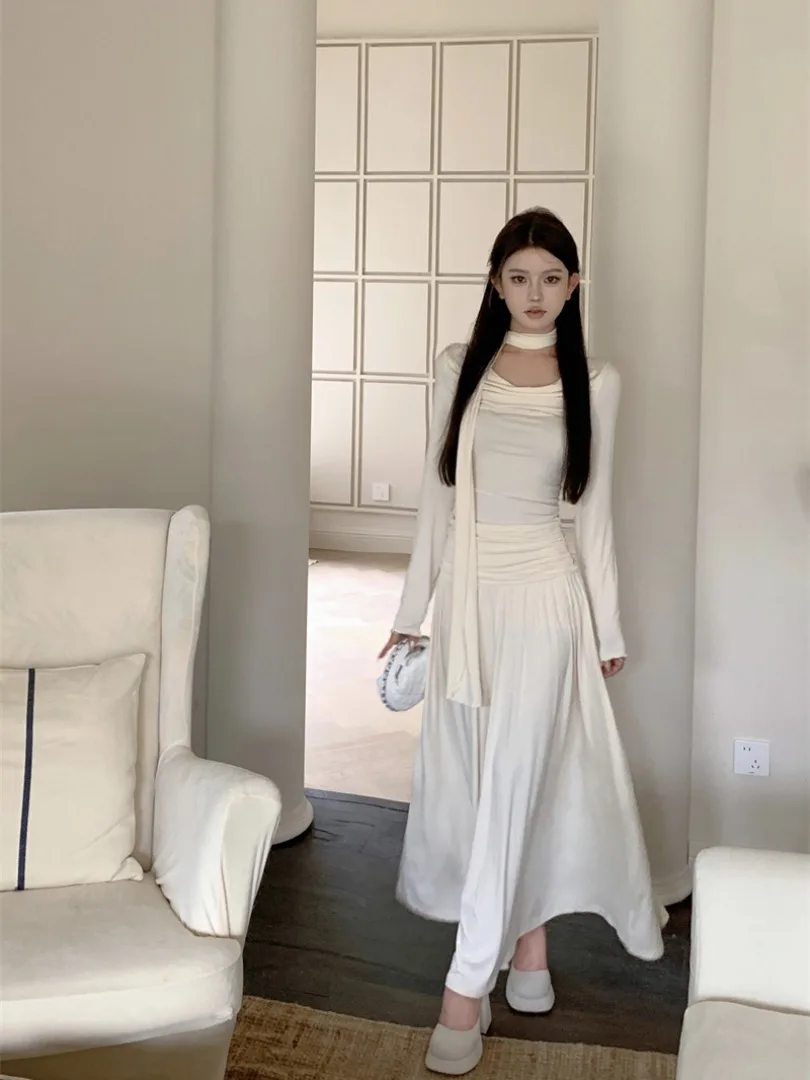 Jurken Damesjurk met lange mouwen Lente Chiffon Blauw Ruches Col Losvallend Flowy Fairycore Gedurfd Jeugdig All-match