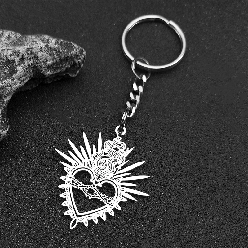 Flaming Sacred Heart Charms Dornen Heiliges Herz Schlüsselanhänger für Frauen Männer Edelstahl Schwarz Glaube Hohl Schlüsselanhänger Schmuck – Detail 6