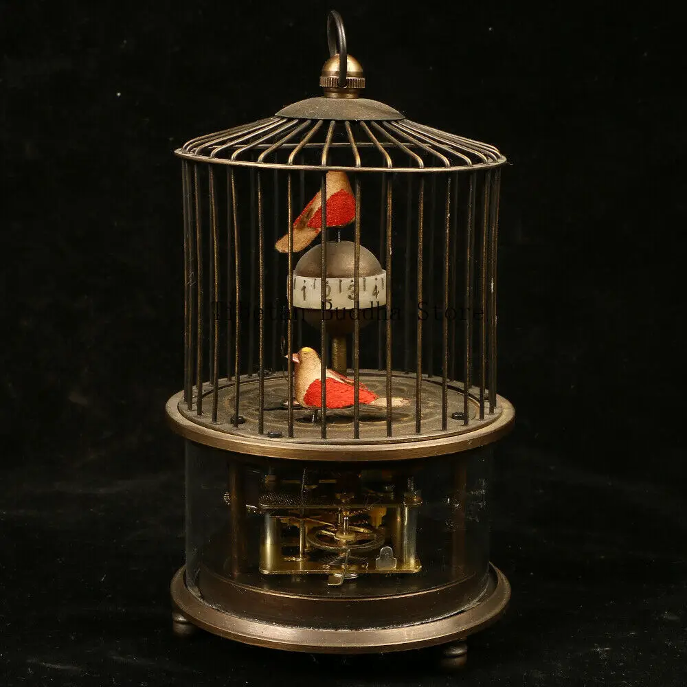 Brass Mechanical Clock Bird Cage Shape Two Birds Circle Moving