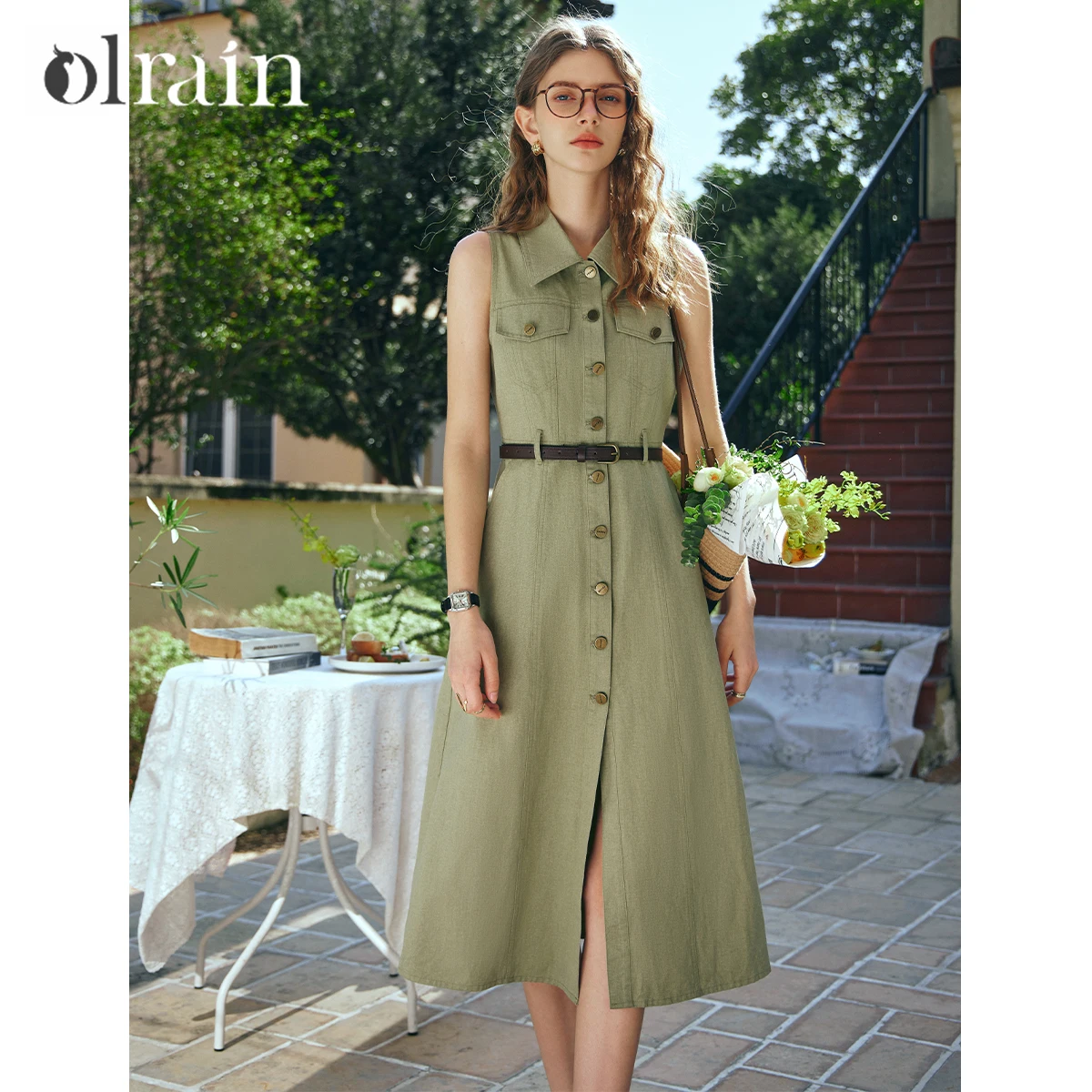 

OLrain Women Summer 2025 New Office Lady Retro Solid Elegant Dresses Pure Cotton Sashes Lapel Neck Sleeveless Dress G24CL89980