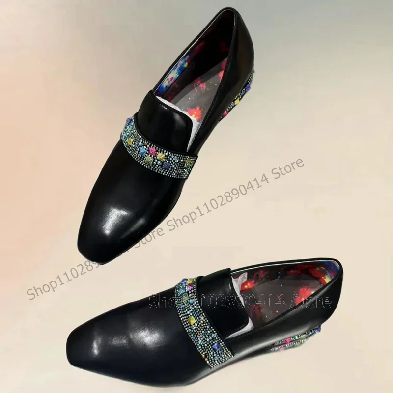 Colorful Rhinestone Rivets Black Square Toe Loafers Fashion Slip On Men Shoes Luxurious Handmade Party Wedding Men Dress Shoes - view 2