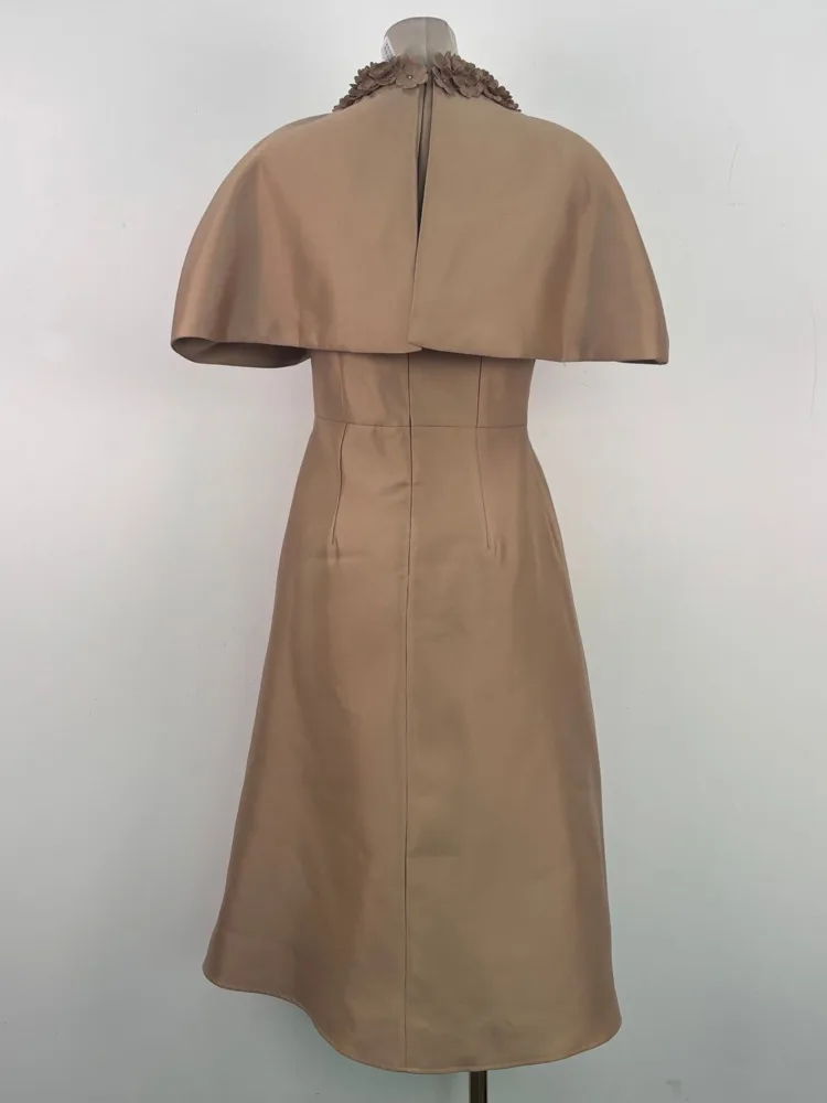 QMQA موضة المرأة أنيقة كيب فستان ستان المرقعة ثلاثية الأبعاد الأزهار شال الجولة الرقبة ثوب فساتين طويلة 2026 ربيع جديد QM963 #5