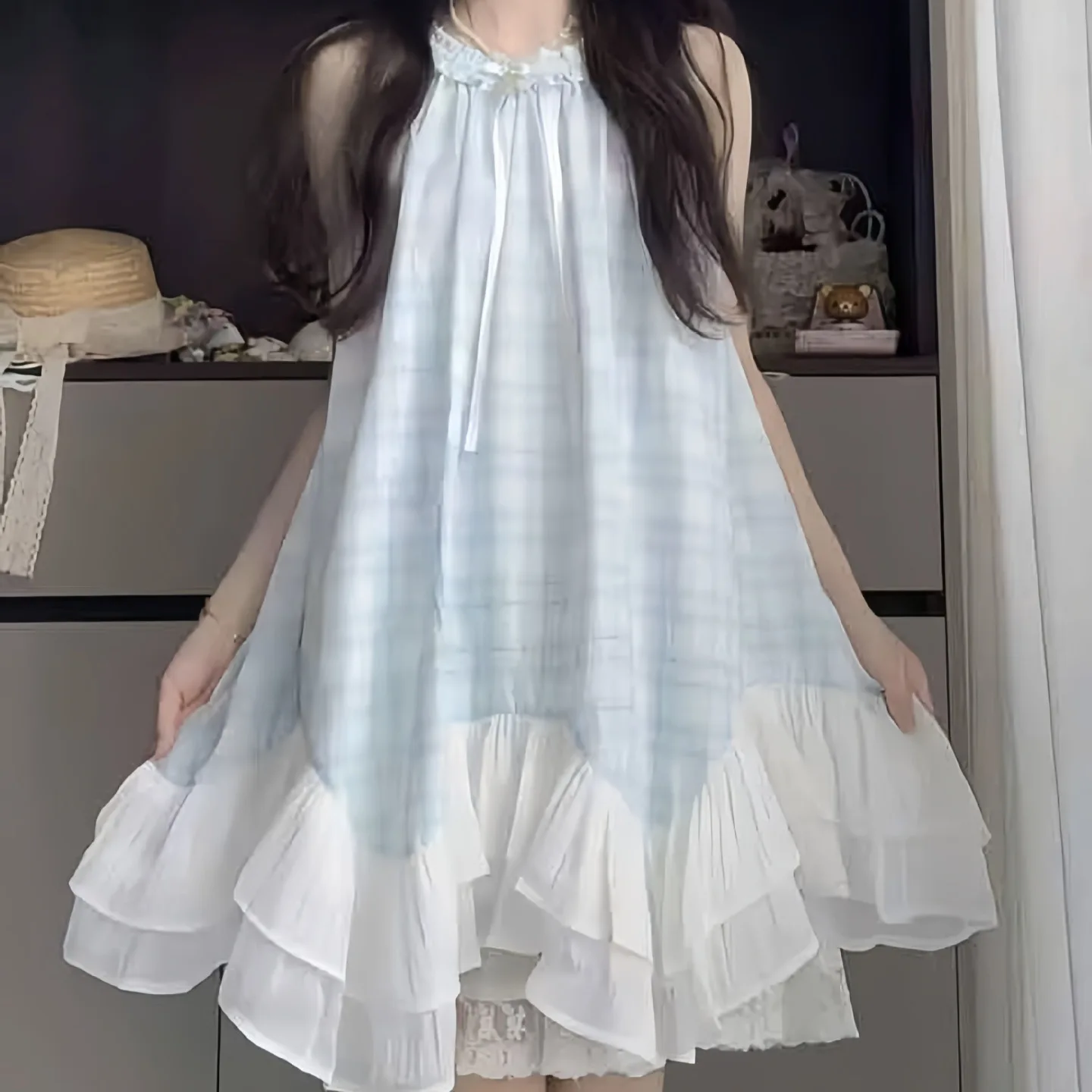 2026 Summer sleeveless bow plaid kid party mesh princess Girls Mid Long Teenager sky blue patchwork dress 4 8 10 12 14 Years