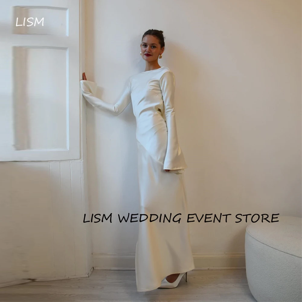 LISM Simple White Silk Satin abiti da sposa maniche lunghe Bateau Neck abiti da sposa alla caviglia abito da festa formale bianco arabo