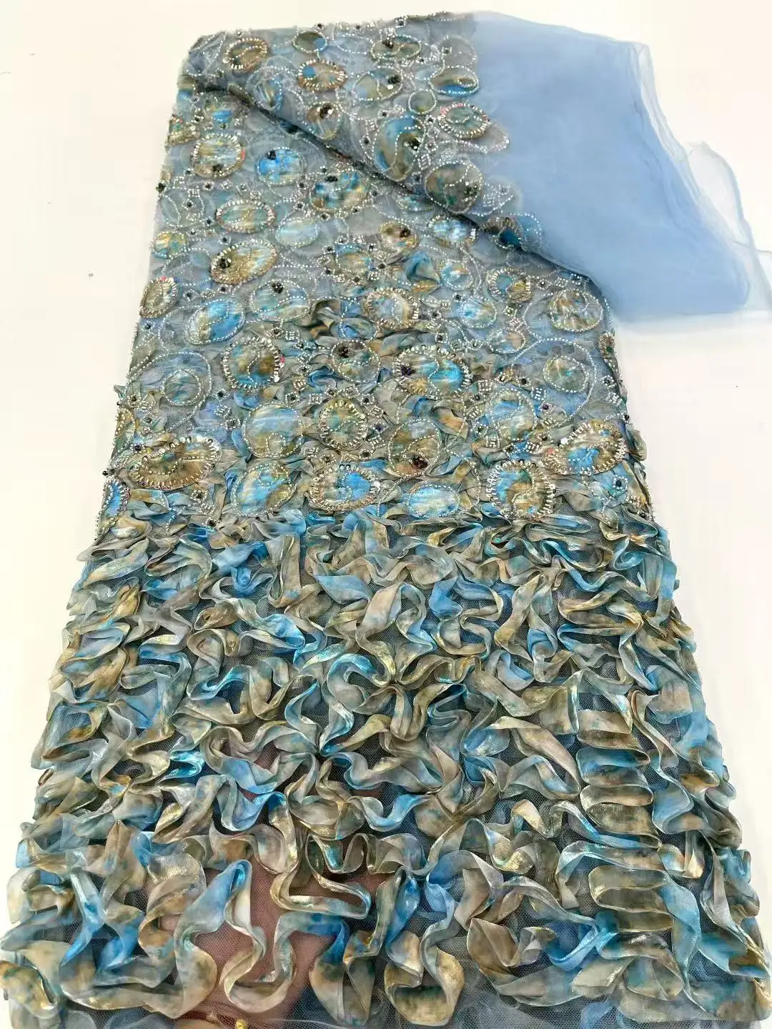 

African French Beaded Lace Fabric 2025 High Quality Lace Embroidered Nigerian 3d Sequins Tulle Lace 5 Yards For Sew Party Dress
