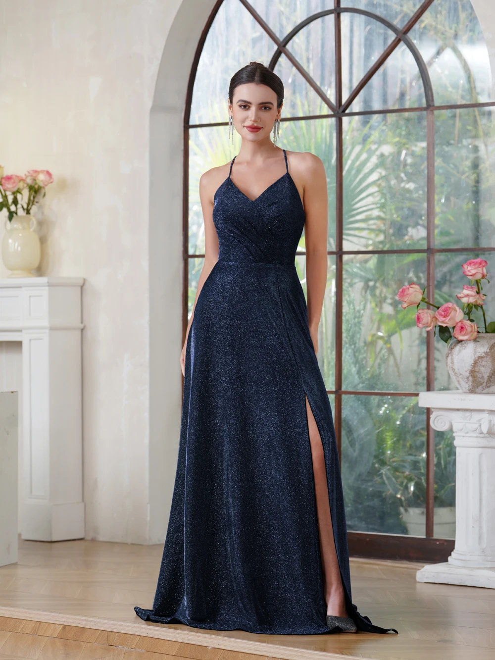 Elegante A Line High Slit Vestidos de noite, Fino Brilho, Correias De Espaguete, Correias Cruzados Sem Encosto, Vestidos De Baile, Vestido De Festa Formal