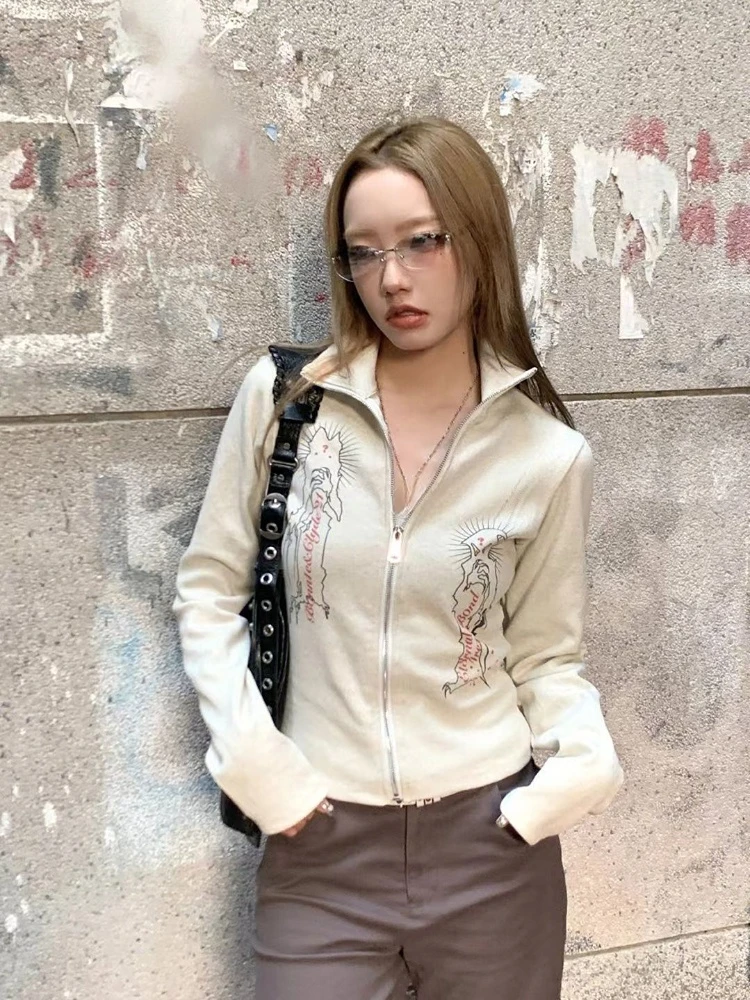 2024 Spring Knitted Top Women Turn Down Collar Zipper Vintage Jacket Y2k Aesthetic Casual Cardigan Femme Harajuku  Mujer