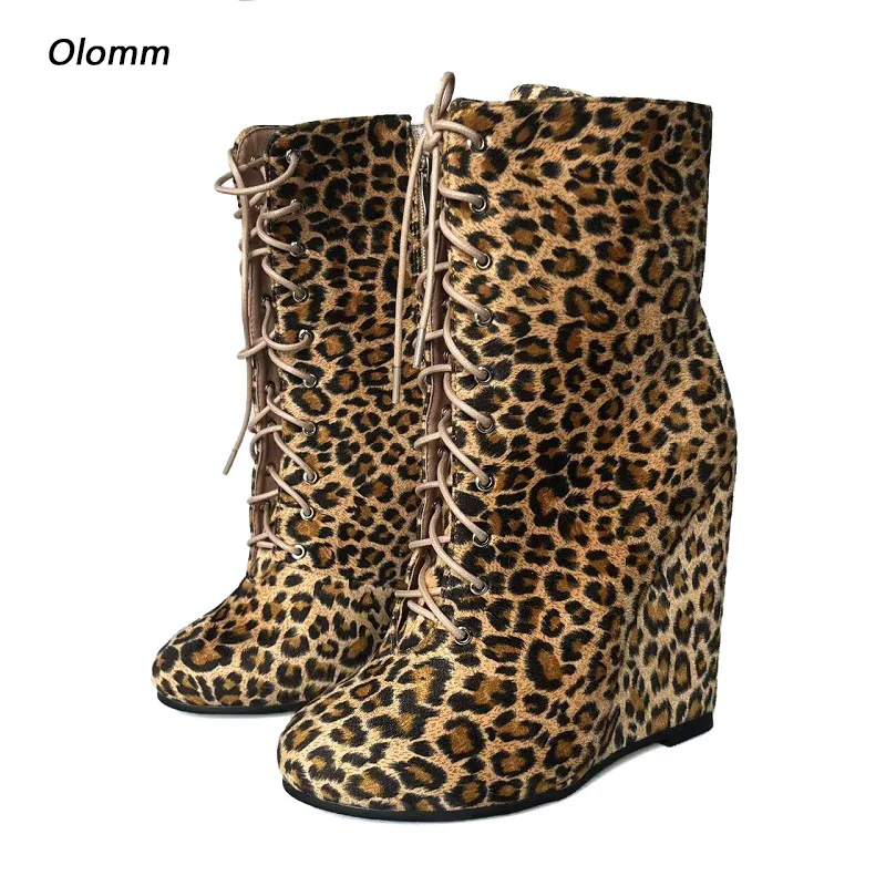 Olomm Handmade Women Winter Ankle Boots Side Zipper Wedges Heels Round Toe Fabulous Leopard Casual Shoes Plus US Size 5-20