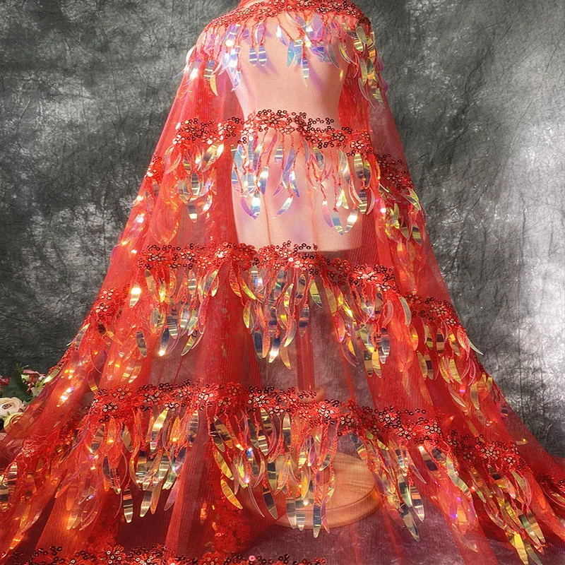 Fashion Red Gradient Color Symphony Tassel Laser Long Sequins Embroidery Mesh Fabric Sewing Material DIY Wedding Dress/Creative