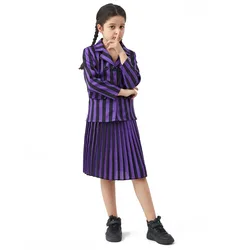 Girl Addams Family Halloween Cosplay Costume Girls Gray Purple Wednesday Addams Uniform Suit Skirts Wig Hand Wednesday Clothes